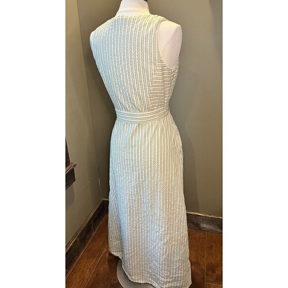 Ann Mashburn Full Zip Sleeveless Green/Cream Belted Pocket Midi Dress L 100% Cot - Picture 3 of 11